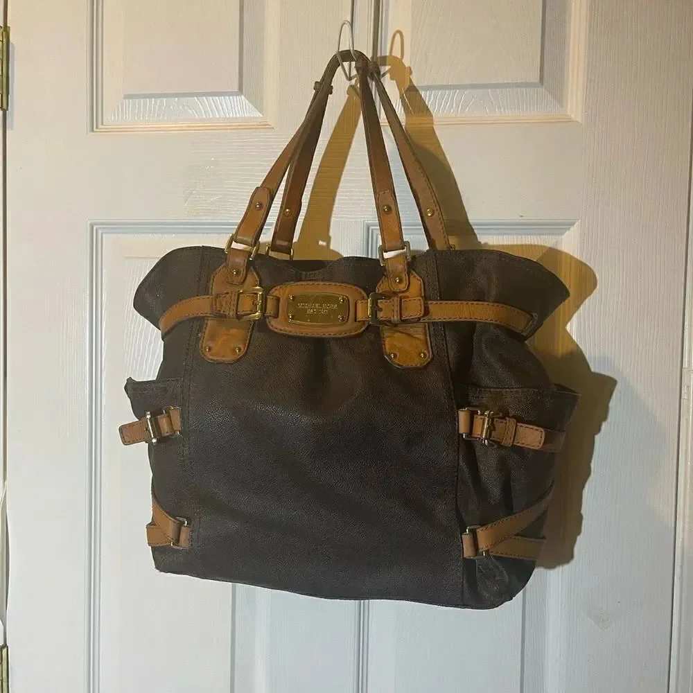 Michael Kors Brown coated canvas& tan leather straps &trims large shoulder bag.